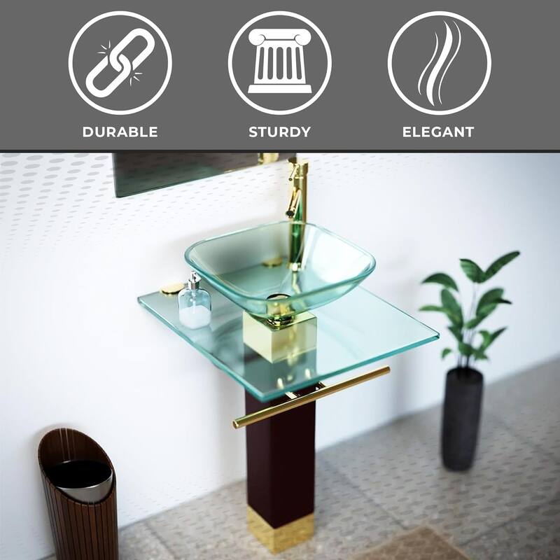 Bohemia Glass Pedestal Sink with Gold Plated Faucet, Drain and Towel Bar