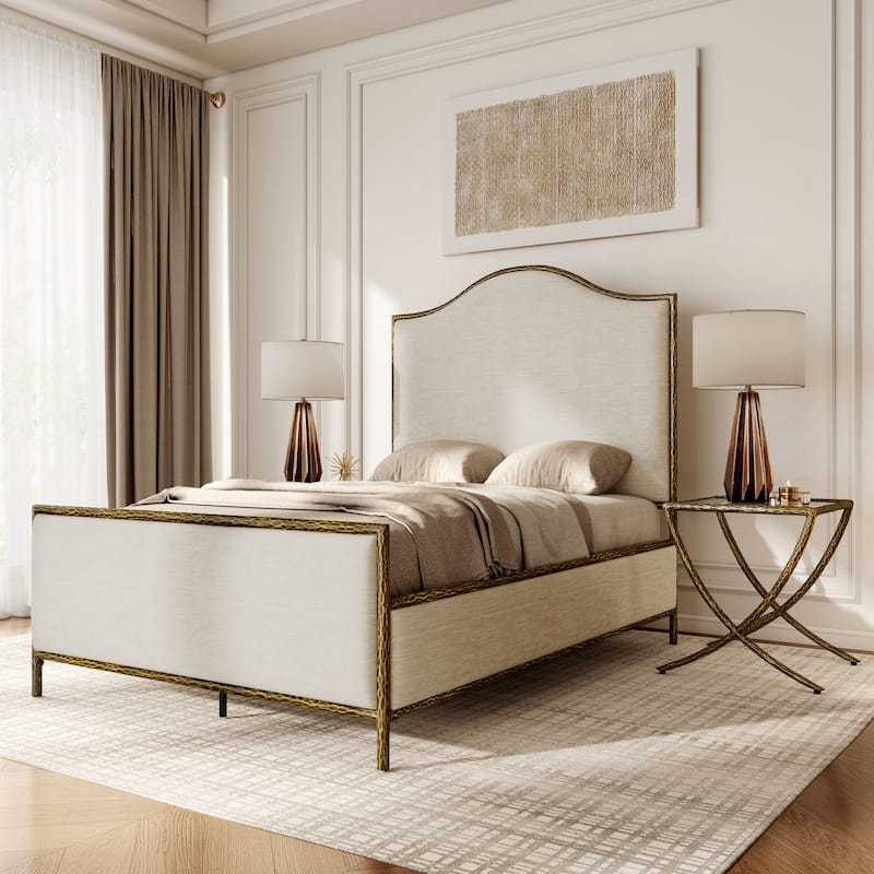 247 Shop At Home Lalia Modern 3-Piece Upholstered Hammered Metal Camelback Bedroom Set with 2 Nightstands