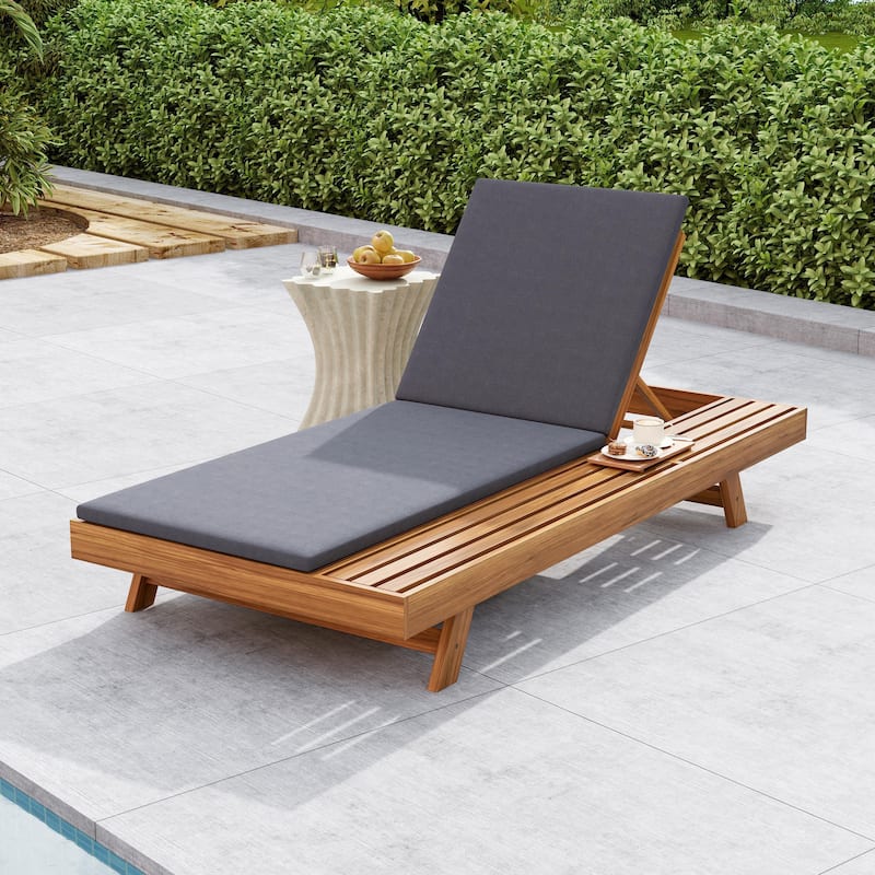 One-sided Open Storage Lounge Chairs Outdoor Patio Acacia Wood Chaise Lounge with Adjustable Backrest & Water-repellent Cushions - 2" Dark Grey Cushions - 1pc