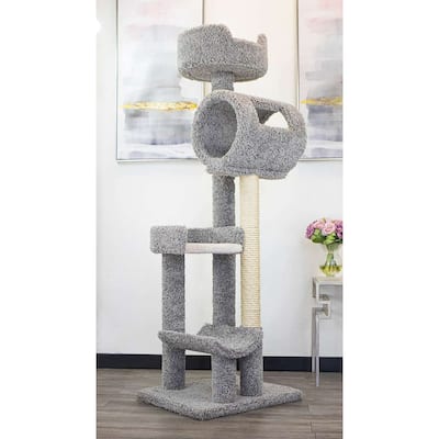 Solid Wood Climbing Cat Tower with Hammock, Tunnel and Deep Perches for Multi-Cat Homes
