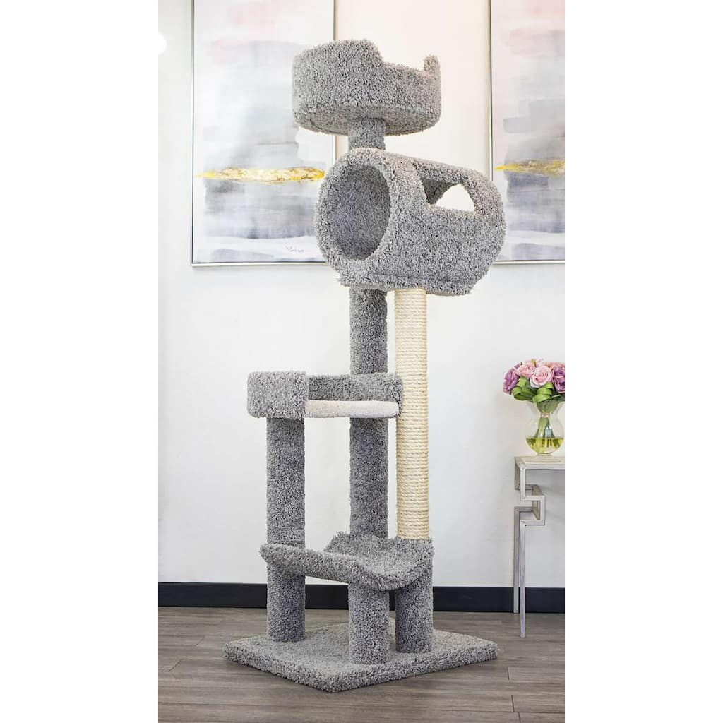 Solid Wood Climbing Cat Tower with Hammock, Tunnel and Deep Perches for Multi-Cat Homes