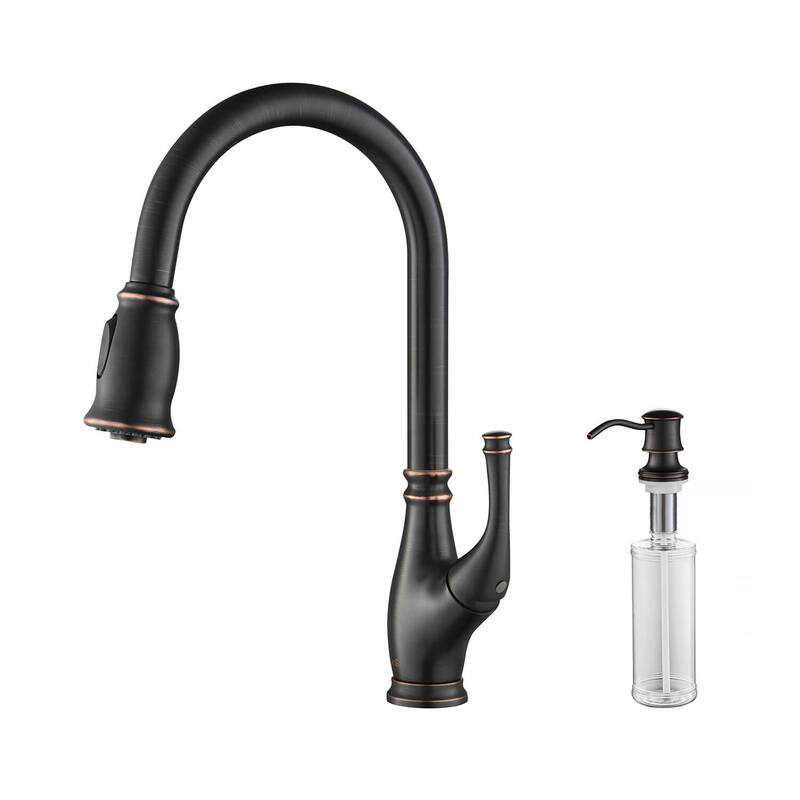 High Arc Pull Out Single Level Lead Free Brass Kitchen Faucet with Sprayer and Magnetic Docking - Oil Rubbed Bronze W/ Soap Dispenser