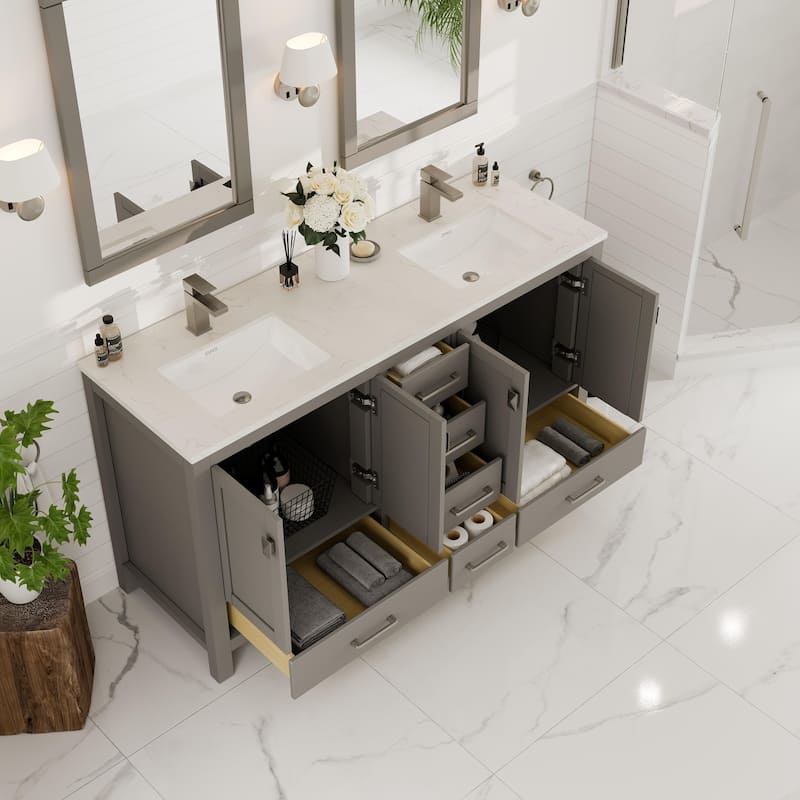 Eviva London 60"W Gray DS Bath Vanity with White Carrara Quartz Top