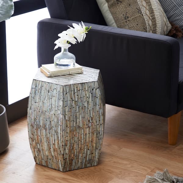slide 2 of 21, Gray Mother of Pearl Shell Handmade Shell Mosaic Hexagon Accent Table with Brown Accents Gray