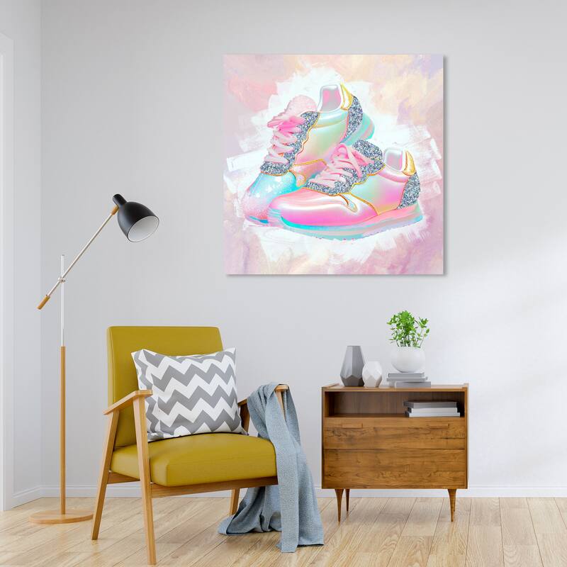 Wynwood Studio Fashion and Glam Pastel Pop Sneakers Pink and Neon Blue Bohemian & Eclectic Wall Art Canvas Print - 30 x 30