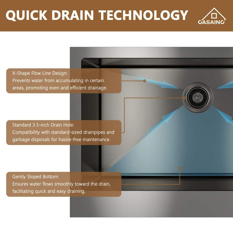 All-in-one Handmade Stainless Steel Farmhouse Apron Kitchen Sink in Nano PVD with Faucet, Bottom Grid, and Basket Strainer