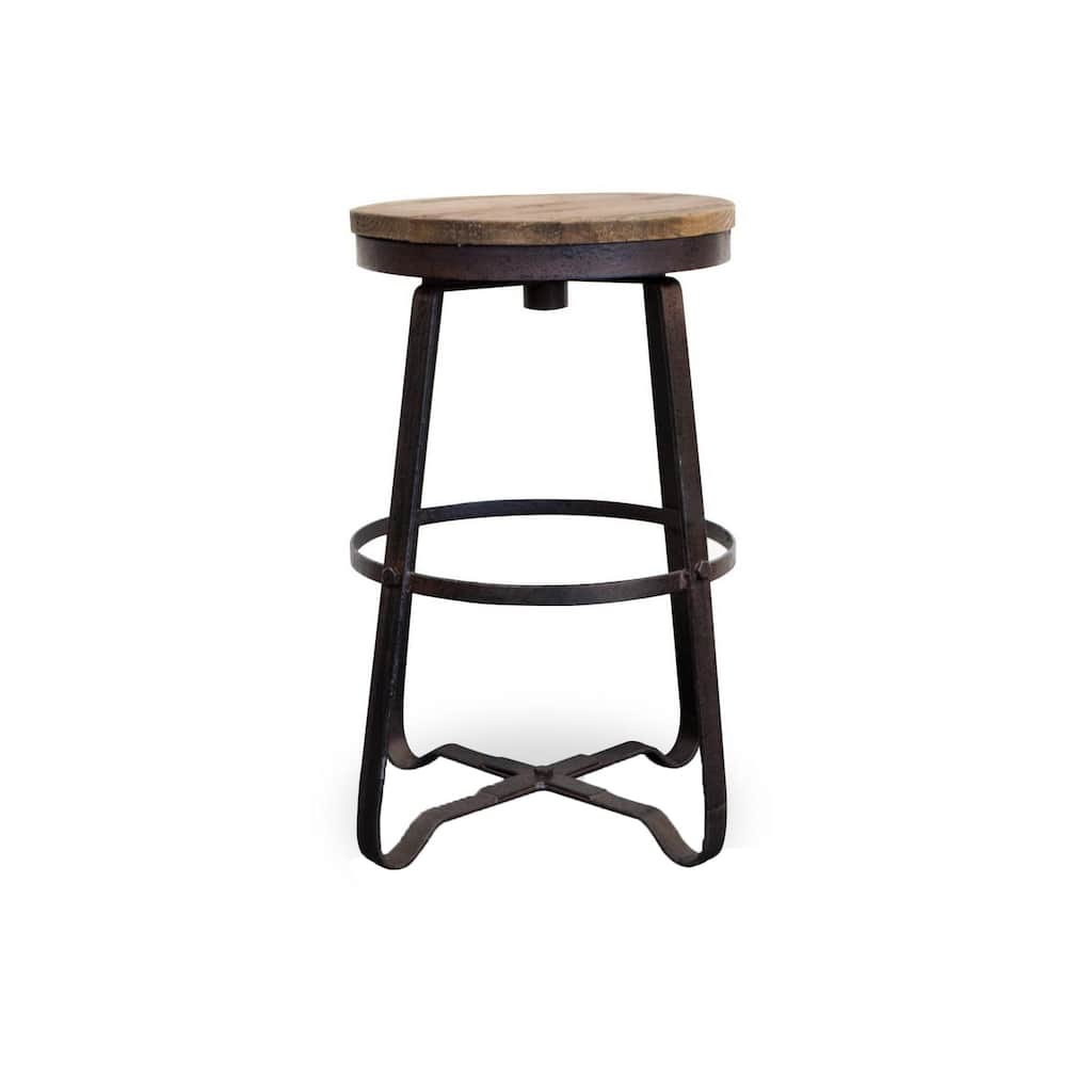 24 Inch Counter Height Stool, Brown Wood Seat, Industrial, Black Metal Legs