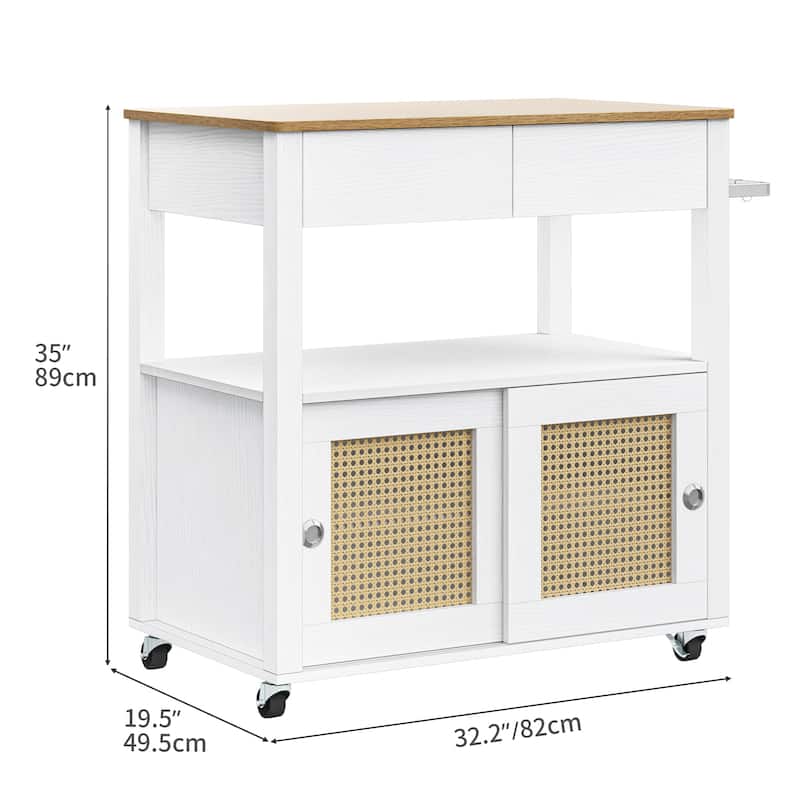Moasis Rattan Rolling Kitchen Island with Storage Cabinet - 32.2"L x19.5"W x 35"H