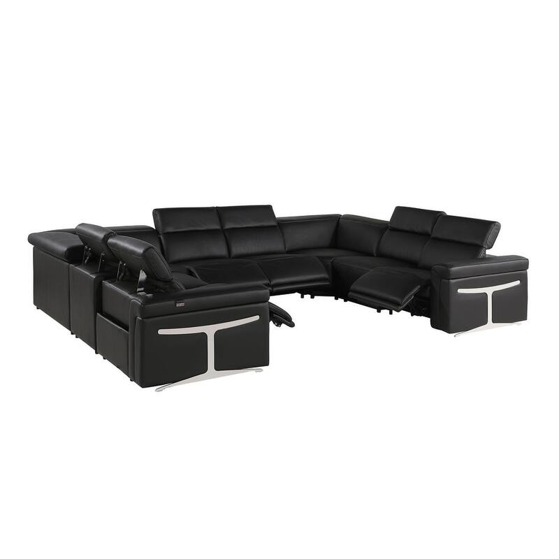 HomeRoots Black Italian Leather Power Reclining U Shaped Eight Piece Corner Sectional With Console