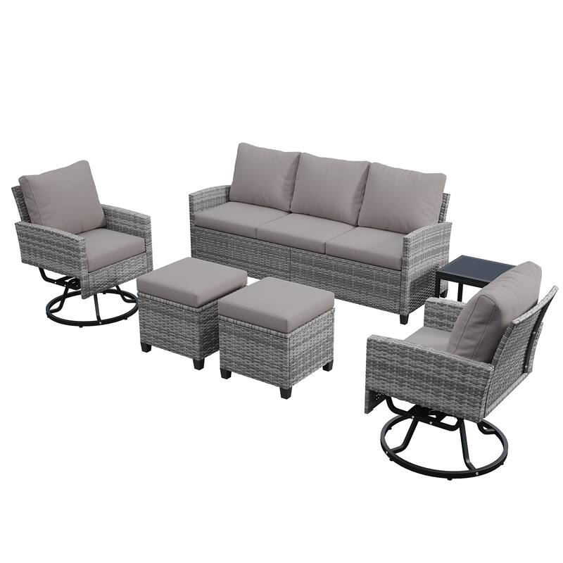6-Piece Wicker Patio Conversation Set with Swivel Chairs - Light Gray
