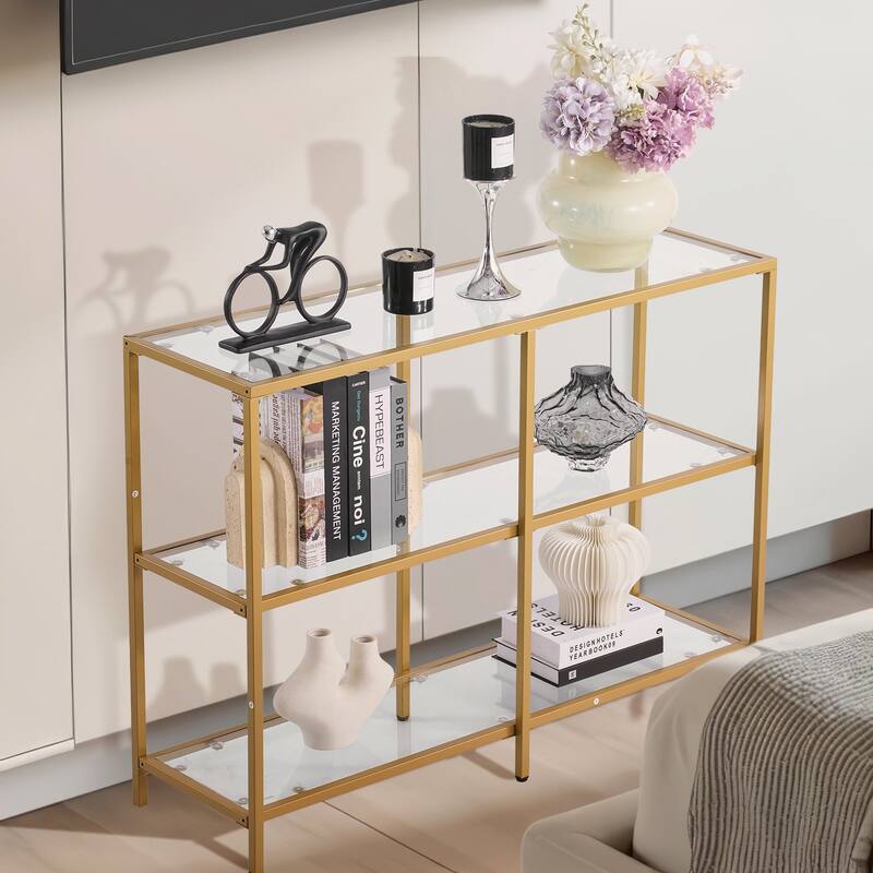 3-Tier Glass Console Table with Iron Legs for Living Room or Hallway - 39.4 x 11.8 x 28.7 in