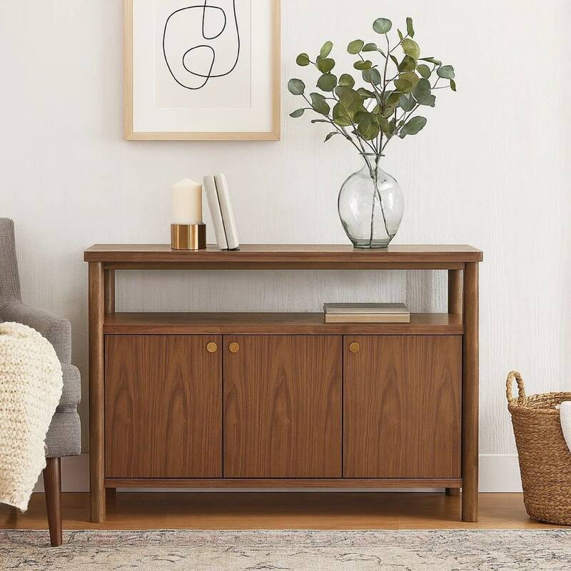 Billie Sideboard Buffet Cabinet, 3 Doors 1 Shelf, Brown Wood, 52 Inch