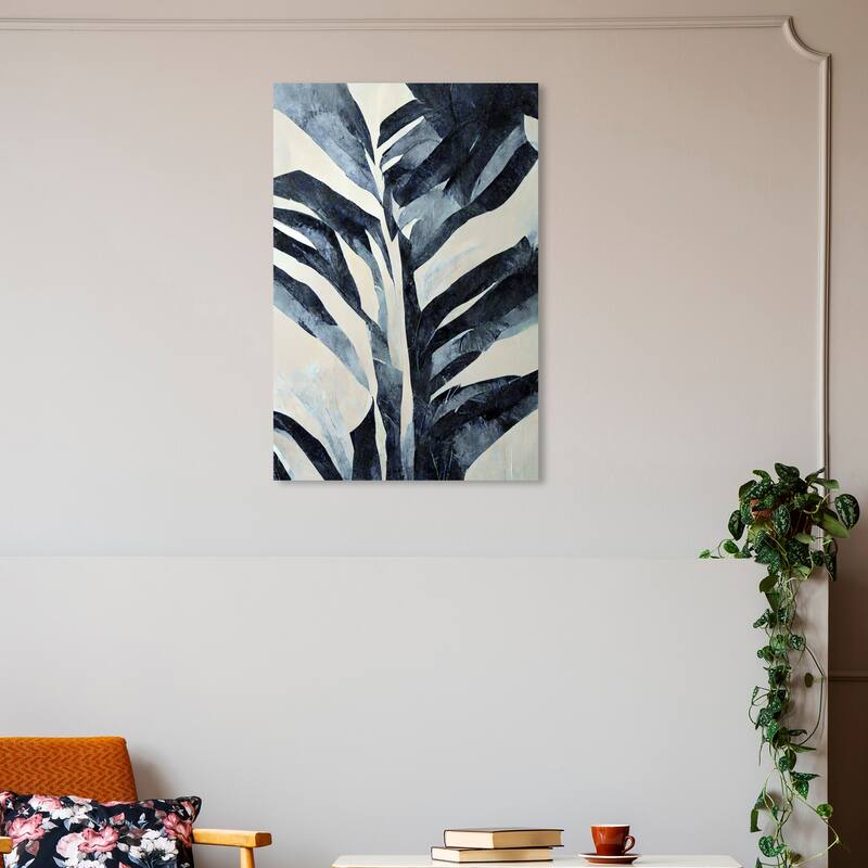 Wynwood Studio Canvas Floral and Botanical Neutral Shade Fern Blue and Tropical Wall Art Canvas Print - Blue, White - 30 x 20