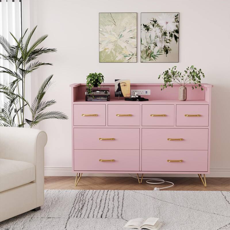 Tall Dresser for Bedroom with Charging Station & RGB Lights - 8 Drawer Wooden