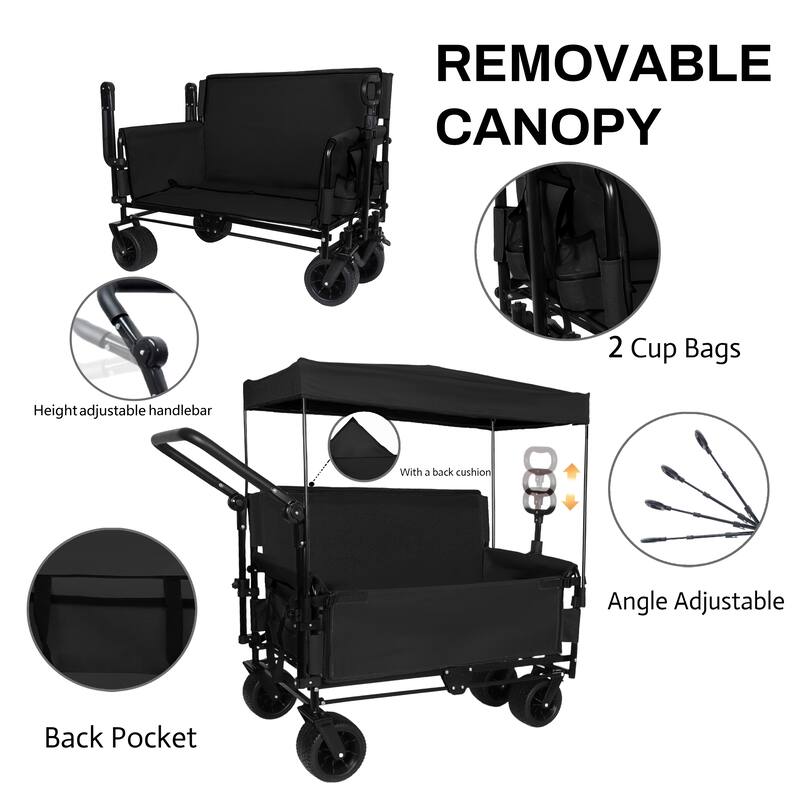 3-in-1 Folding Wagon with Bench Seat & Canopy - 500lb Heavy-Duty All-Terrain Cart, Black