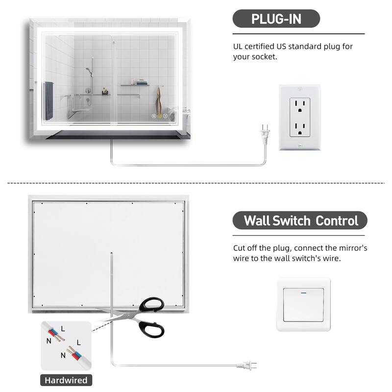 RS Rectangular Wall Mount Vanity Mirror with Lights for Bathroom, 3 Colors Dimmable LED, Anti-Fog, Memory Function