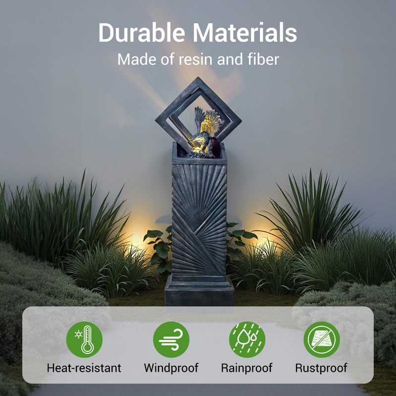 Vbal 46″ Modern Outdoor Polyresin Column Fountain with Eagle and LED Lights