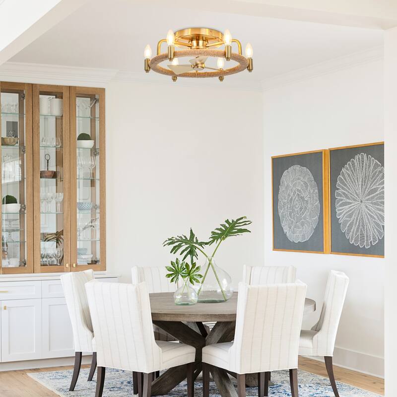 20.4" Gold Hemp Rope Chandelier Low Profile Caged Ceiling Fan with Light - 20.35 in. D x 20.35 in. W x 6.54 in. H