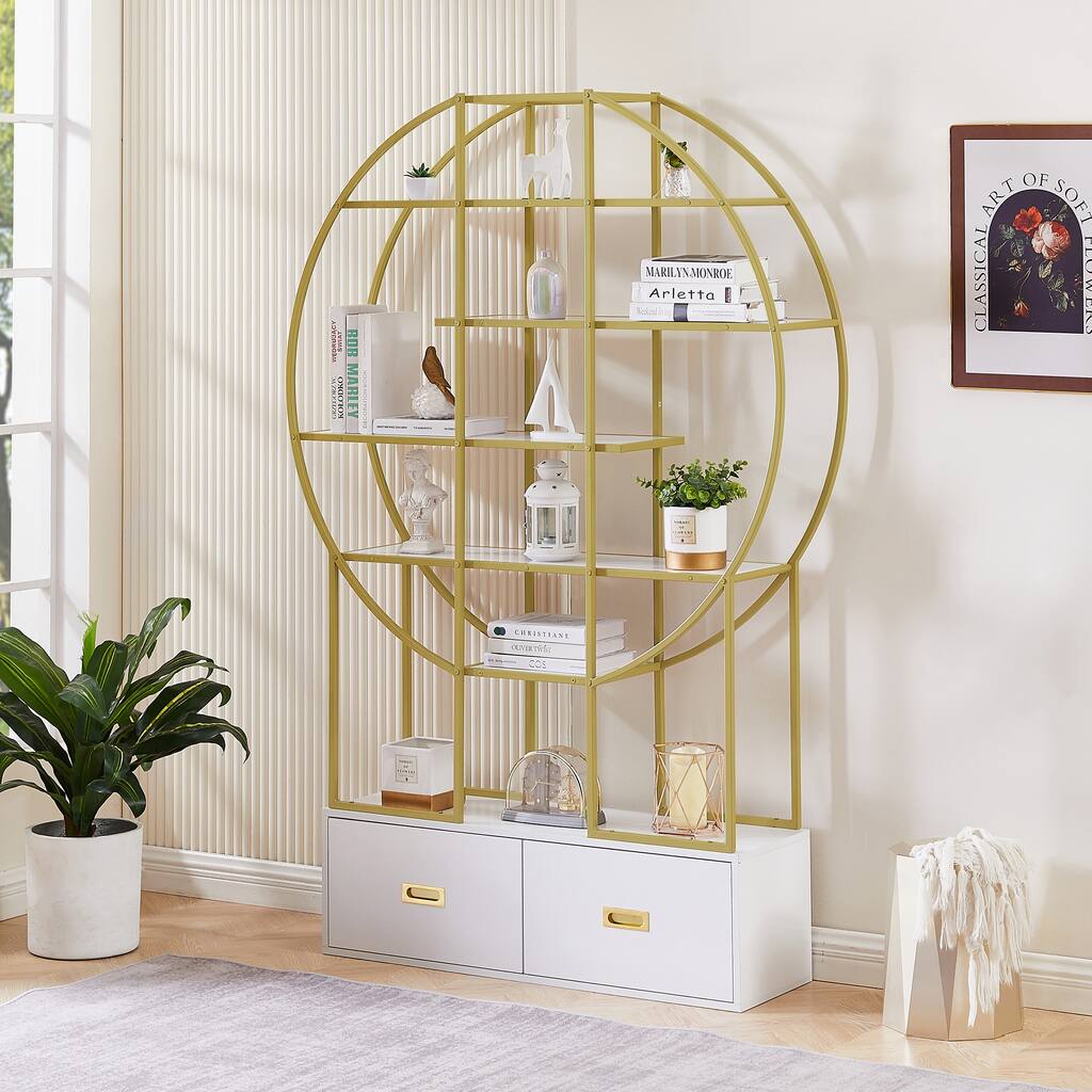 Bookcase Large Rounded Rectangle 70.8 Inch Round Office Bookcase with 2 Drawers Large Storage 5 Tiers ...