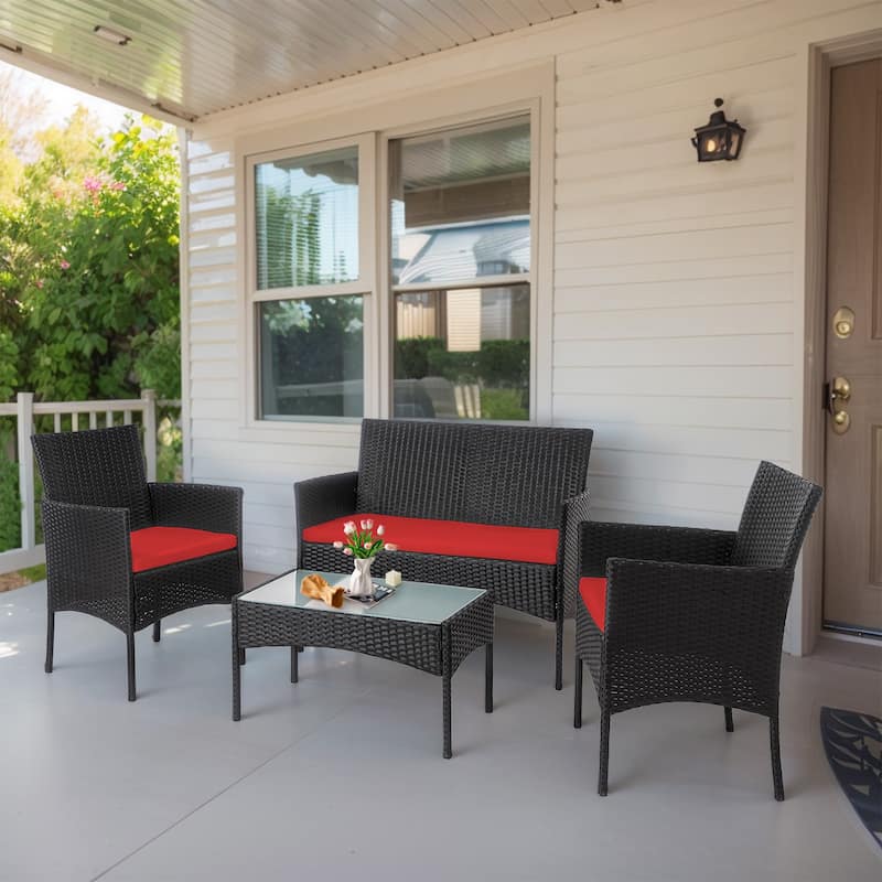 4 Piece Patio Conversation Wicker Furniture Set, Outdoor Rattan Sectional Furniture Set With Cushions - Red