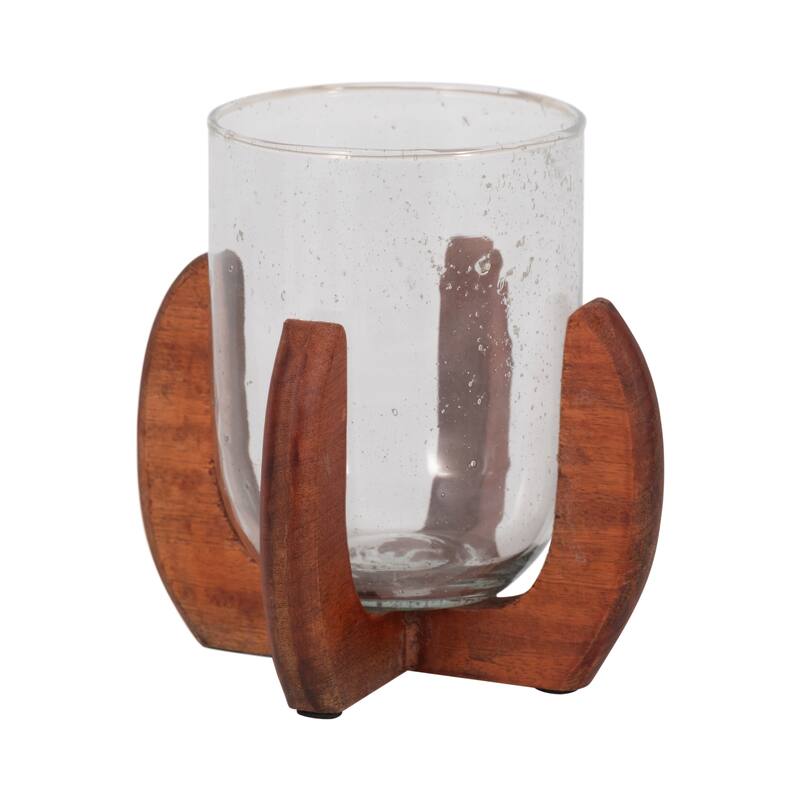 Textured Glass Pillar and Taper Candle Holder with Mango Wood Base