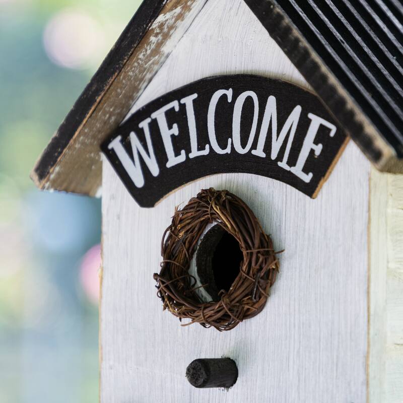 Glitzhome 11"H Washed White Solid Wood Fence Outdoor Garden Birdhouse