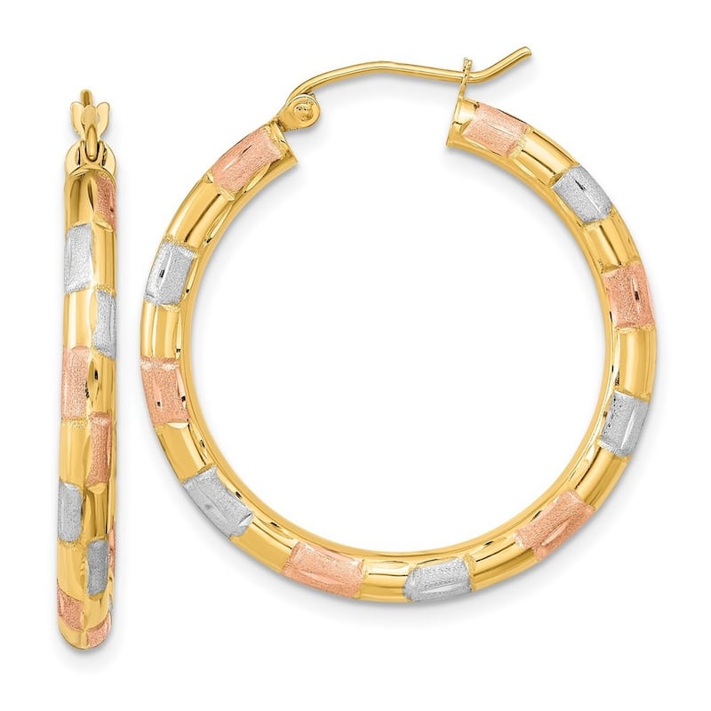 Curata 14k Yellow Gold With White and Rose Rhodium Satin Diamond cut 33x3mm Hoop Earrings
