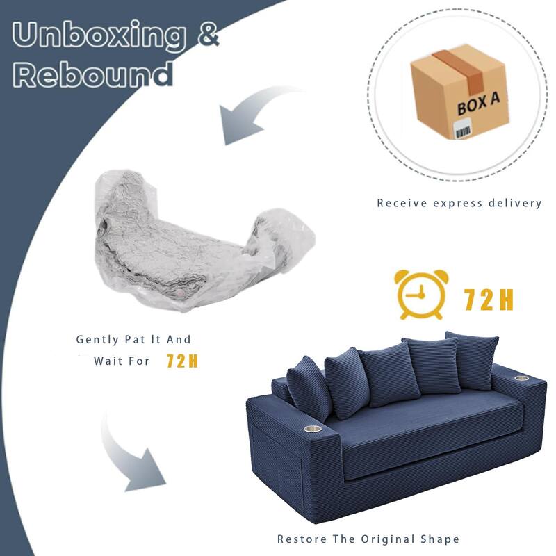 Convertible Corduroy Sleeper Loveseat Sofa Bed 3 Seater Floor Folding Couch with 5 Pillows, Cup Holders and Side Pockets