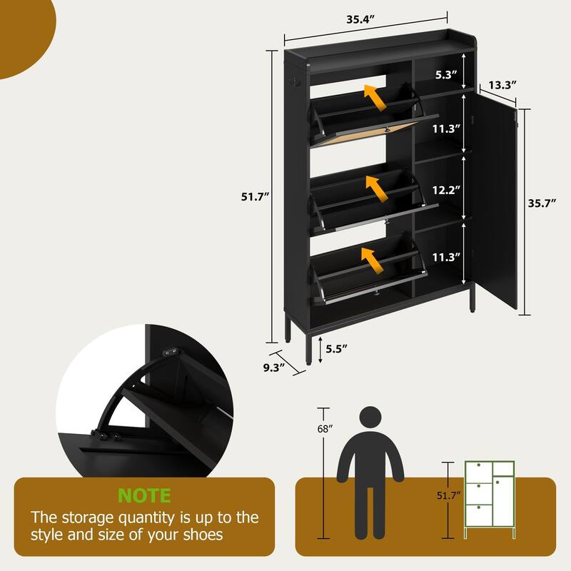 Rattan Shoe Storage Cabinet with 3 Flip Drawers - 3 Flip Drawers
