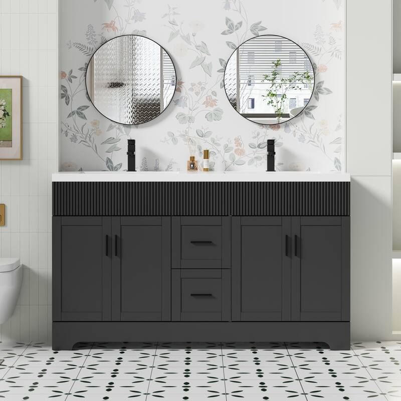 Wavy Line 30"/36"/48" Bathroom Vanity Set with Sink & Faucet - 60" - 60"Black