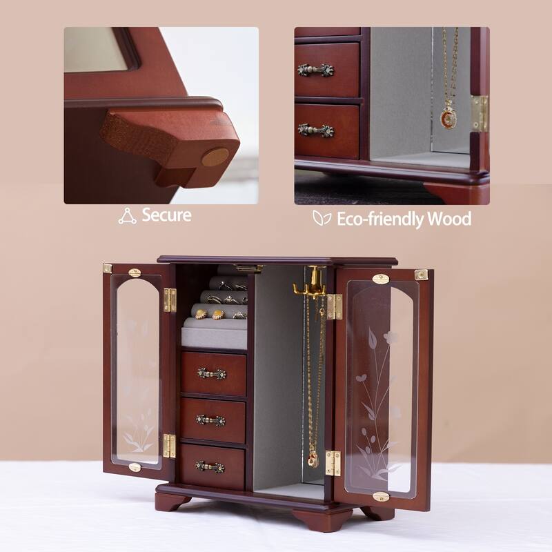 Refined jewelry organizers and storage,Brown vintage wooden jewelry box with Ring Holder - 10*5.2*11.7in