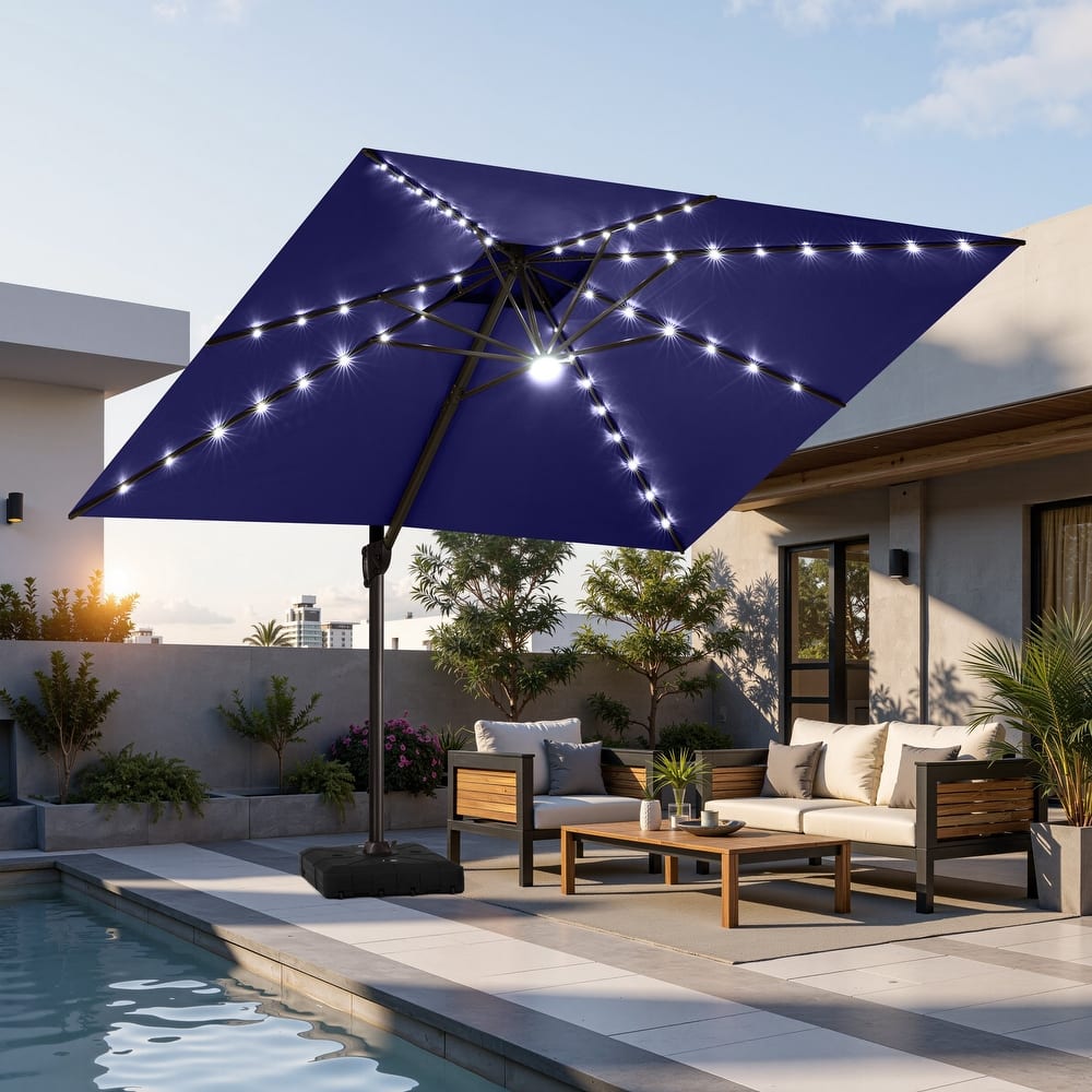 11 FT Outdoor Double Top Solar Powered LED Patio Cantilever Umbrella with Base