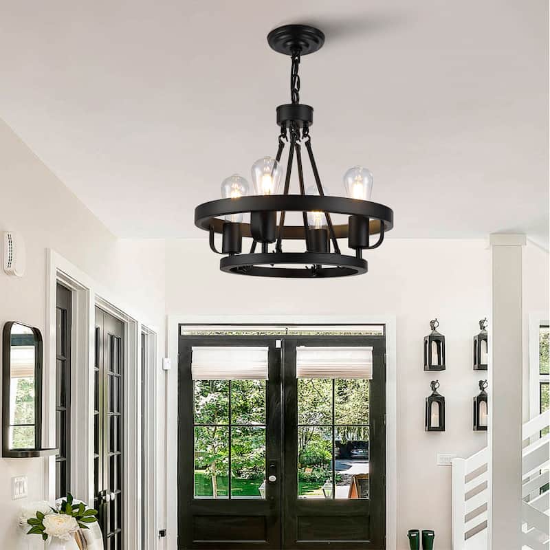 Four-Light Plug-In Pendant Lamp, Carriage Wheel Design, Circular Metal Pendant With 39.5-Foot Chain, For Bedrooms Dining Rooms