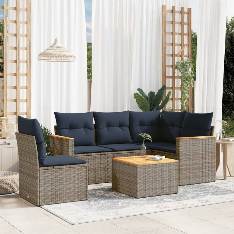vidaXL Patio Sofa Set with Cushions Outdoor Conversation Furniture Poly Rattan - 24.4x 24.4x 27.2 - Grey and Blue-With table