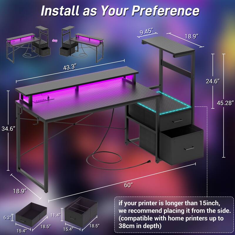 60'' Reversible Gaming Desk with Monitor Stand & Fabric Drawers，Home Office Computer Desk with RGB LED Strip & Power Outlets