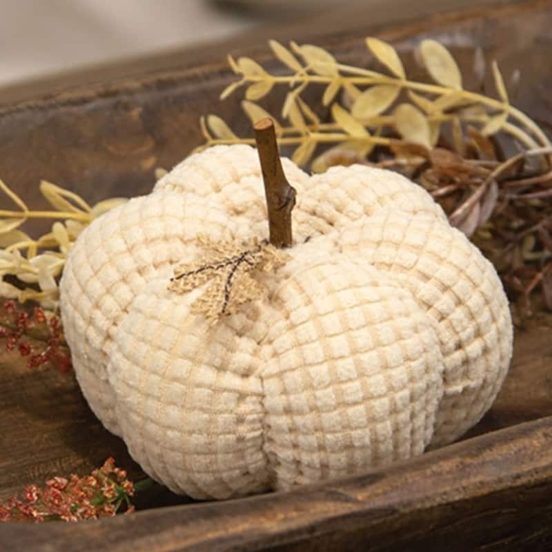 Ivory Waffle Weave Pumpkin w/Burlap Leaves - 4.75" dia.