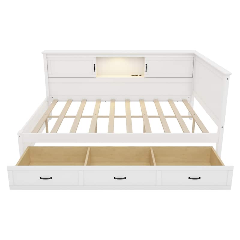 L-Shaped Corner Bed Frame with Drawer, Bookcase, LED Downlight and USB Port