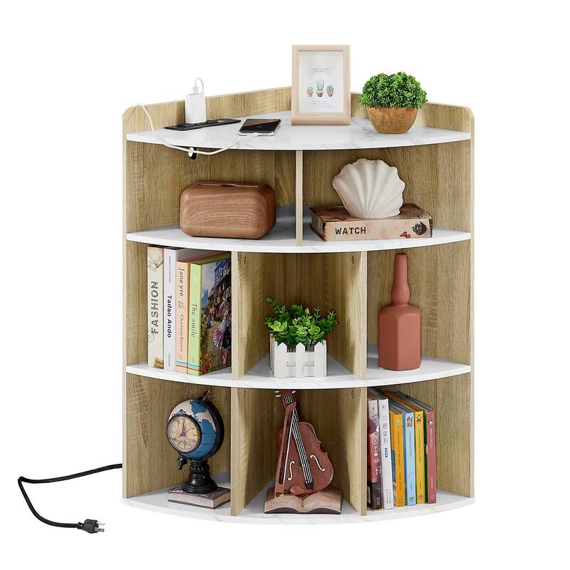 VECELO Corner Cabinet with Charging Station or No Charging Station 3-Tier Bookcase Storage Organizer Triangle Corner Bookcases
