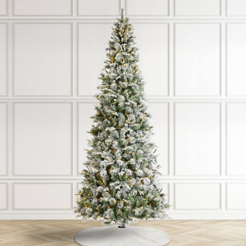 Glitzhome 7.5ft/9ft/11ft Pre-Lit Flocked Slim Pine Artificial Christmas Tree w/ Foot Pedal & Remote Control