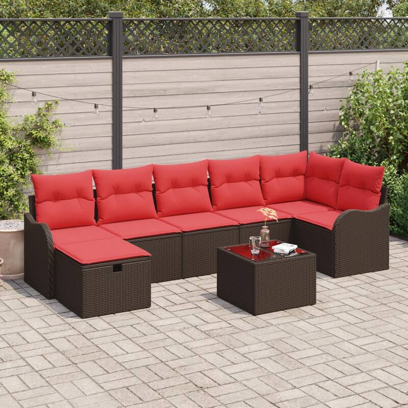 vidaXL 7/8 Garden Sofa Set with Cushions Black/Brown/Grey Poly Rattan - 113.2 x 48.2 x 27.2 - Brown with table