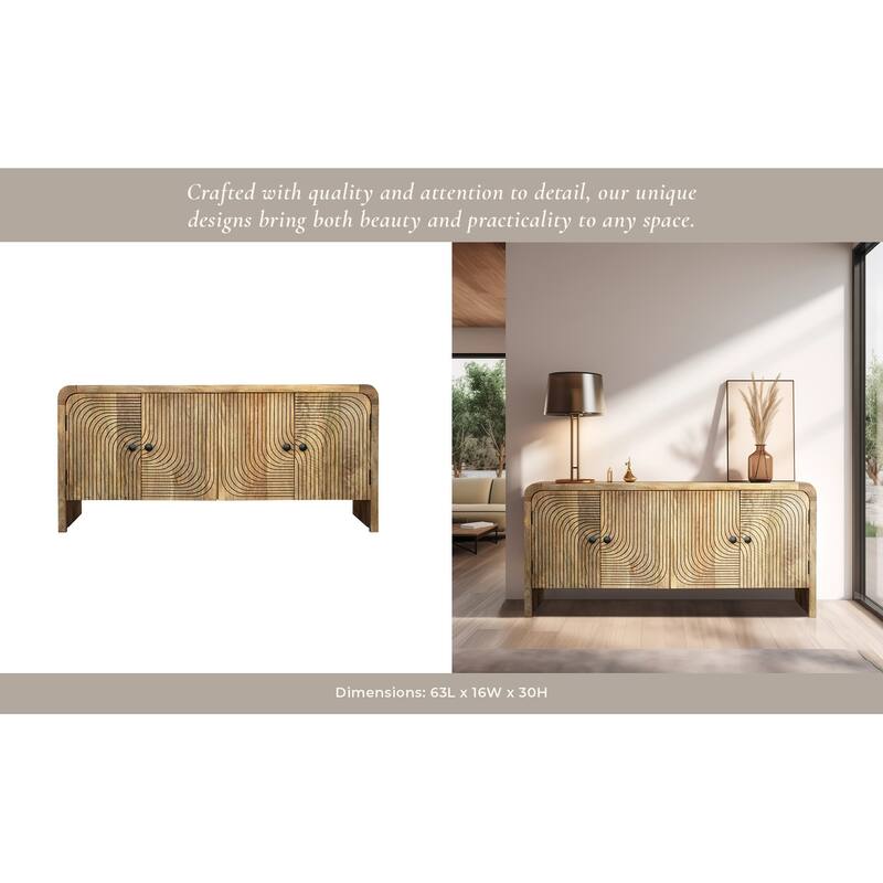 Sagebrook Home Cabinet Mango Wood Veneer MDF Ribbed Pattern Waterfall Edge Frame Base 63 Inch Brown Natural Wood Grain