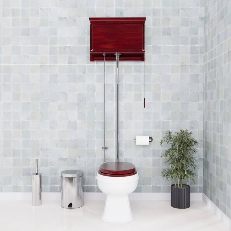 High Tank Toilet - Cherry Wooden Tank, Elongated White Bowl and Chrome L Pipes Renovators Supply