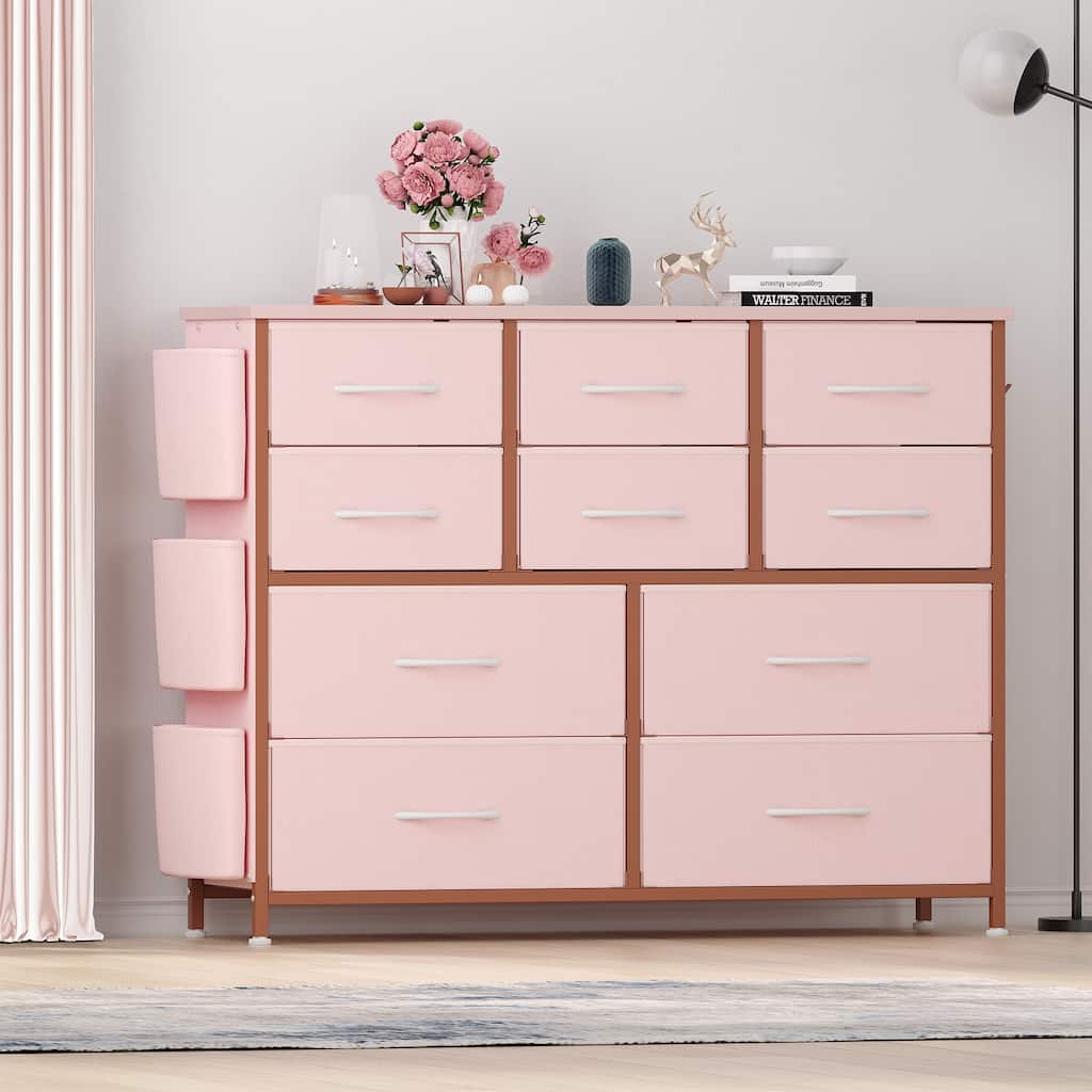 10 Drawer Dresser, Storage Organizer Unit with Fabric, Pink
