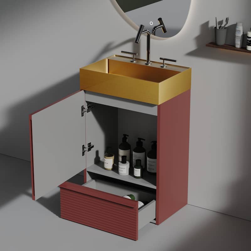 20" Striped Christmas Bathroom Vanity With Stainless Steel Bathroom Sink, Freestanding Bathroom Cabinet