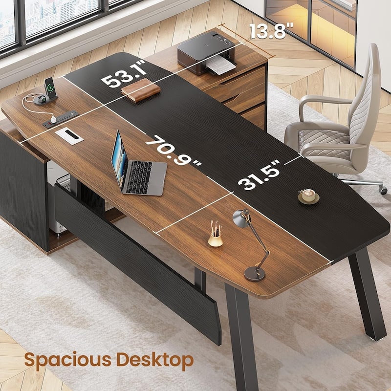 71" Executive Desk File Cabinet L Shaped Computer Desk Shelves