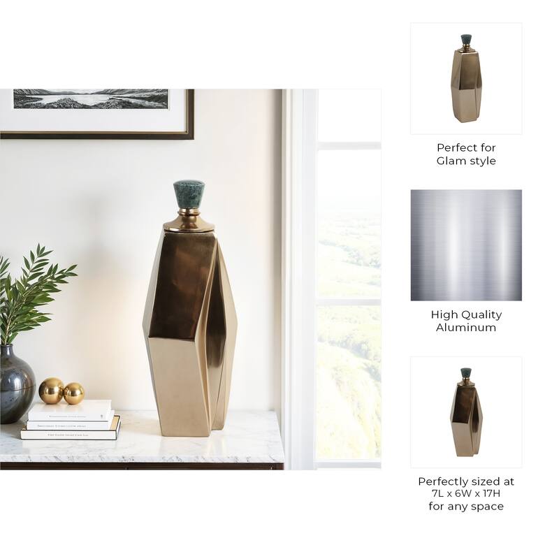 Metal and Marble Vase with Faceted Body Lid Contemporary Accent