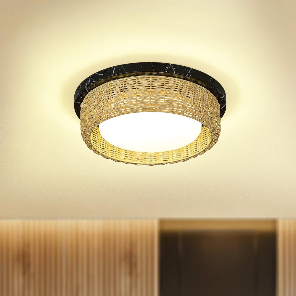 12.6 /15 Inch Rattan Dimmable LED Ceiling Light, Painted Wood