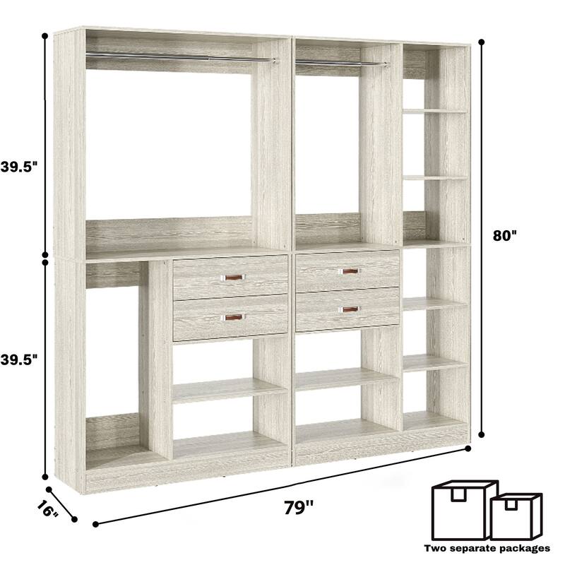 Vryon 110'' Set of 3 Freestanding Corner Closet System, Reversible Closet Organizer with Drawers and Hanging Rods