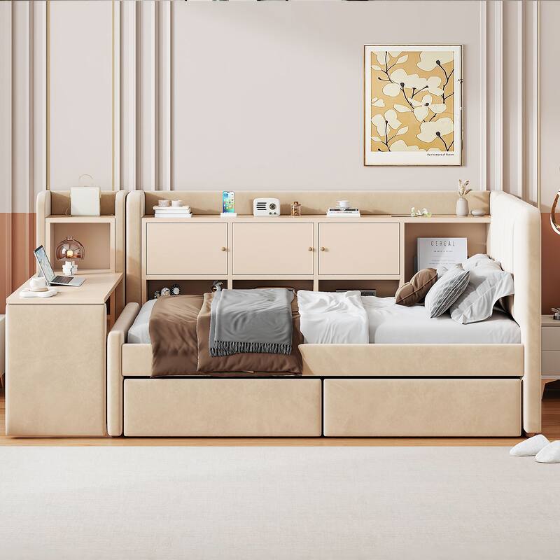 Twin Size Upholstered Daybed with Drawers, Shelves, Flip Cabinets & Side Table, Beige