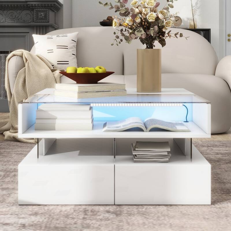 Square Coffee Table with Glass Top and High-Gloss Finish